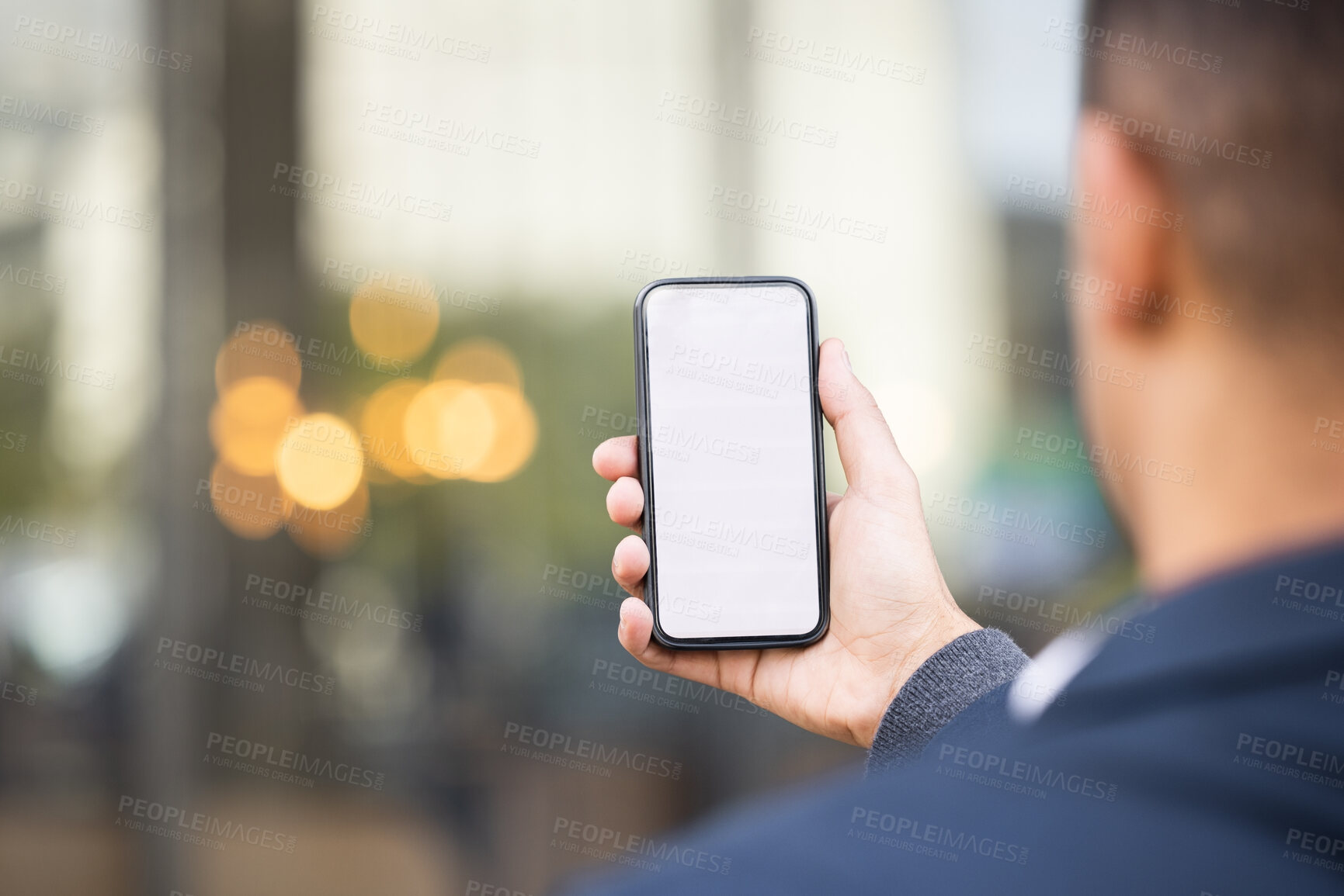 Buy stock photo Mockup, screen or business man with phone for networking, social media or communication in London street. Search, travel or manager on smartphone for research, internet or blog content review outdoor