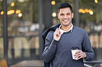 City portrait, coffee break and happy businessman walking, smile and on travel journey in urban New York. Mockup employee, tea and relax worker, agent or person on morning commute to office building