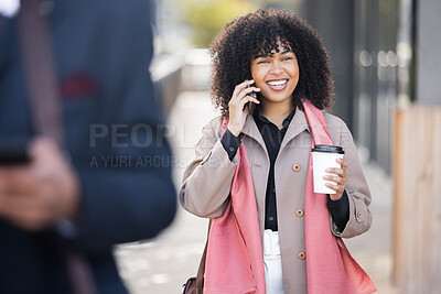 Buy stock photo Happy, travel or business woman with phone call for contact us, speaking or networking in London street. Smile, 5g network or employee with smartphone for strategy, communication or success planning