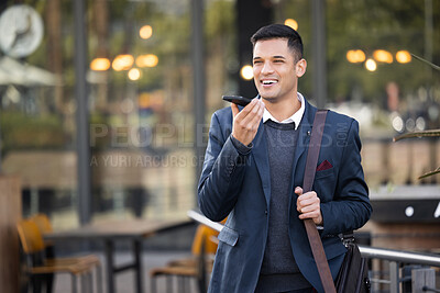 Buy stock photo Happy, loud speaker or communication man with phone call for contact us, telemarketing or networking in London street. Smile, 5g network or employee with smartphone for strategy or success planning