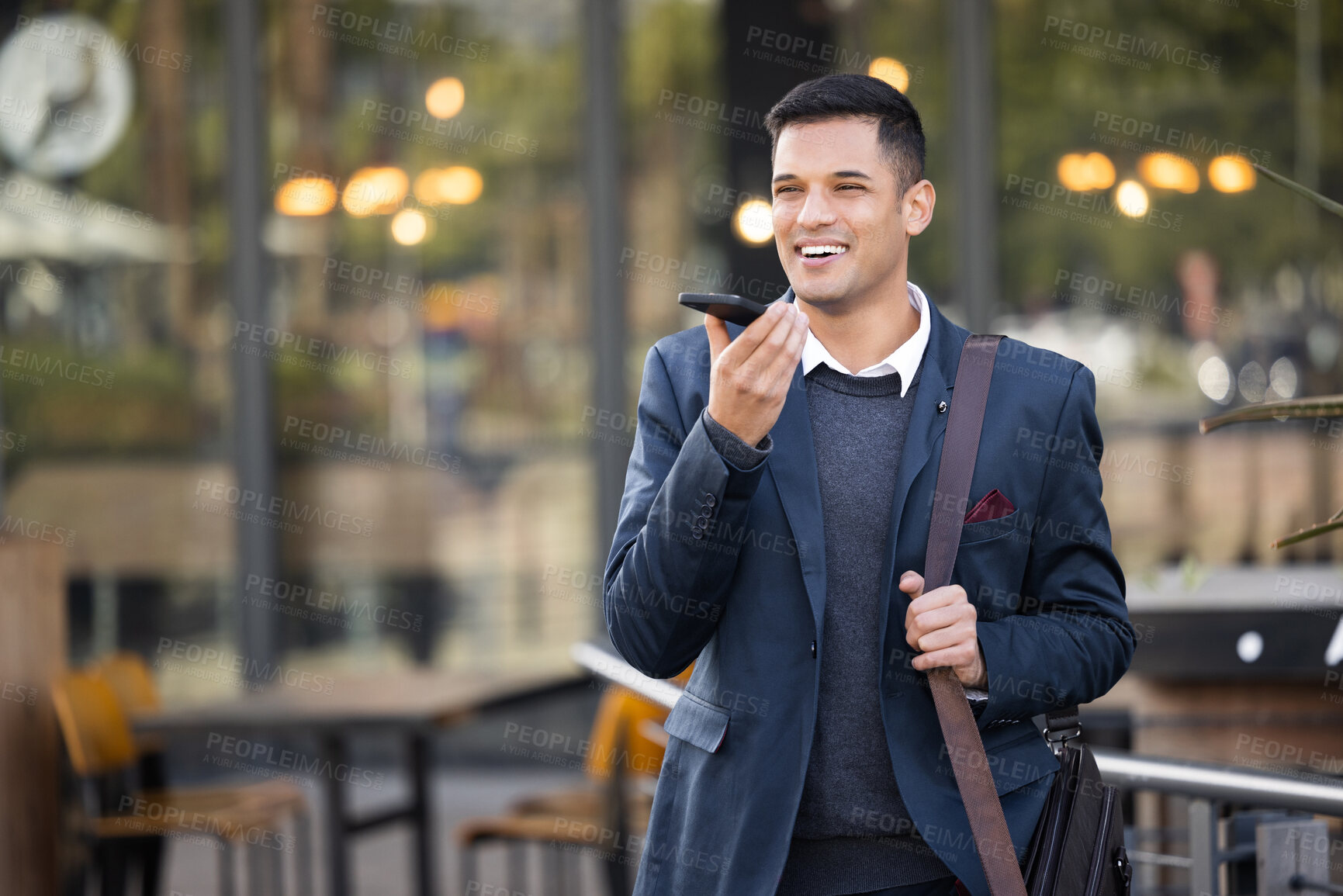 Buy stock photo Happy, loud speaker or communication man with phone call for contact us, telemarketing or networking in London street. Smile, 5g network or employee with smartphone for strategy or success planning