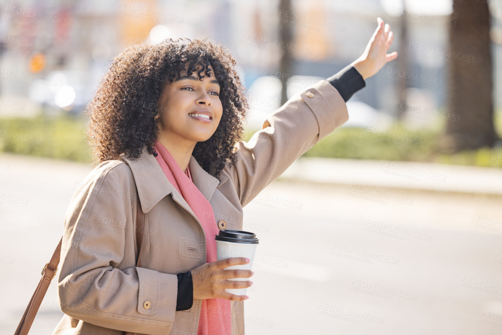 Buy stock photo Taxi, coffee and commute with a business black woman calling or hailing a cab outdoor in the city. Street, travel and transport with a female employee commuting via ride share in an urban town