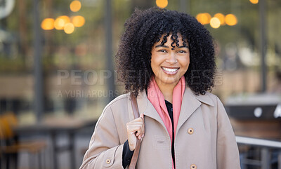 Buy stock photo Travel, city and portrait of black woman with smile enjoying morning, freedom and urban commute in London. Business, success and happy girl with positive mindset, future vision and mission in town