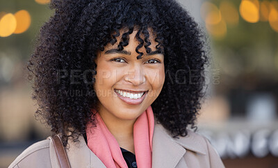 Buy stock photo Black woman, happy portrait and city travel with a smile while outdoor on London street with freedom. Face of young person with natural afro hair, beauty and fashion style during holiday walk