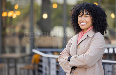 Buy stock photo Portrait, fashion or mock up and a business black woman in the city standing arms crossed with future vision. Mindset, mission and growth with a female employee outdoor in an urban town for work