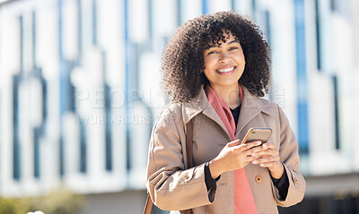 Buy stock photo Portrait, travel or black woman on phone for networking, social media or communication in London street. Search, happy or manager with smartphone for research, internet or blog content review outdoor