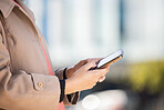 Hands, search or business woman on phone for networking, social media or communication in London street. Travel, invest or manager on smartphone for research, internet or blog content review outdoor