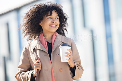 Buy stock photo Travel, coffee and business woman in city for morning, lunch break and wellness. Relax, happy and smile with girl employee walking in urban town with drink for start, career and professional mindset