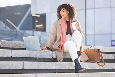 Buy stock photo Search, thinking or black woman with laptop in city of London for internet research, communication or networking. Creative, data analysis or remote work on tech for social network, web or blog review