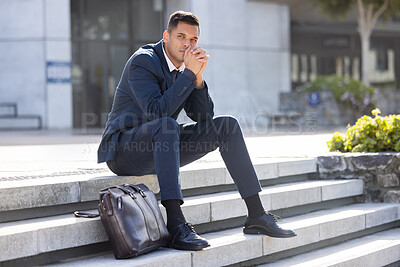 Buy stock photo Stairs, depression and sad businessman thinking of career crisis, trading investment fail or unemployment. Mental health problem, office building or fired trader with lost job over stock market crash