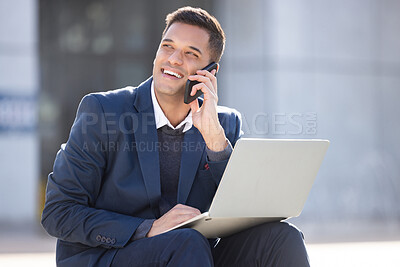 Buy stock photo Happy, phone call or business man with laptop for internet research, communication or networking. Thinking, smile or manager in London street on 5g smartphone for social network, web or blog review
