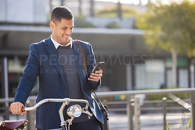 Buy stock photo Bike, travel or business man with phone for networking, social media or communication in London street. Search, happy or sustainable on smartphone for research, internet or eco friendly transport