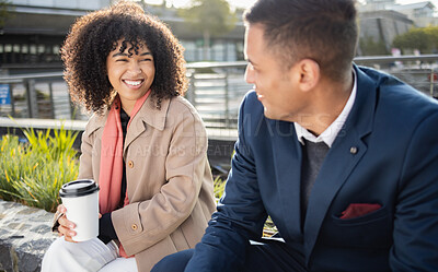 Buy stock photo Businessman, black woman and conversation with coffee in city for planning, strategy or social discussion on break. Teamwork, finance job and friends with comic moment in urban metro park at lunch