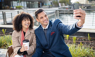 Buy stock photo Happy selfie, coffee and woman and businessman with photo memory of relax people in New York USA. Corporate employee friends, smile and African worker partnership of company team in urban city