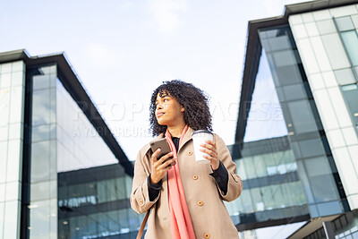City travel, phone or black woman walking to work, corporate job or relax commute journey in urban New York. Digital mobile, architecture buildings or bottom view of girl typing online website search