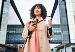 City walking, smartphone and black woman travel to work, corporate job or relax commute journey in New York USA. Digital mobile, architecture buildings or bottom view of girl typing on online website