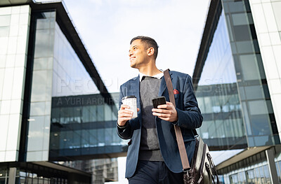 Buy stock photo Businessman outside building with phone, coffee and bag, happy waiting for online taxi service after work. Office, business and success, man with smile holding 5g smartphone standing on city street.