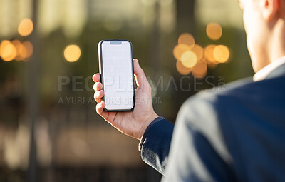 Buy stock photo Mockup, screen or business man on phone for networking, social media or communication in London street. Search, city or manager on 5g smartphone for research, internet or blog content review outdoor