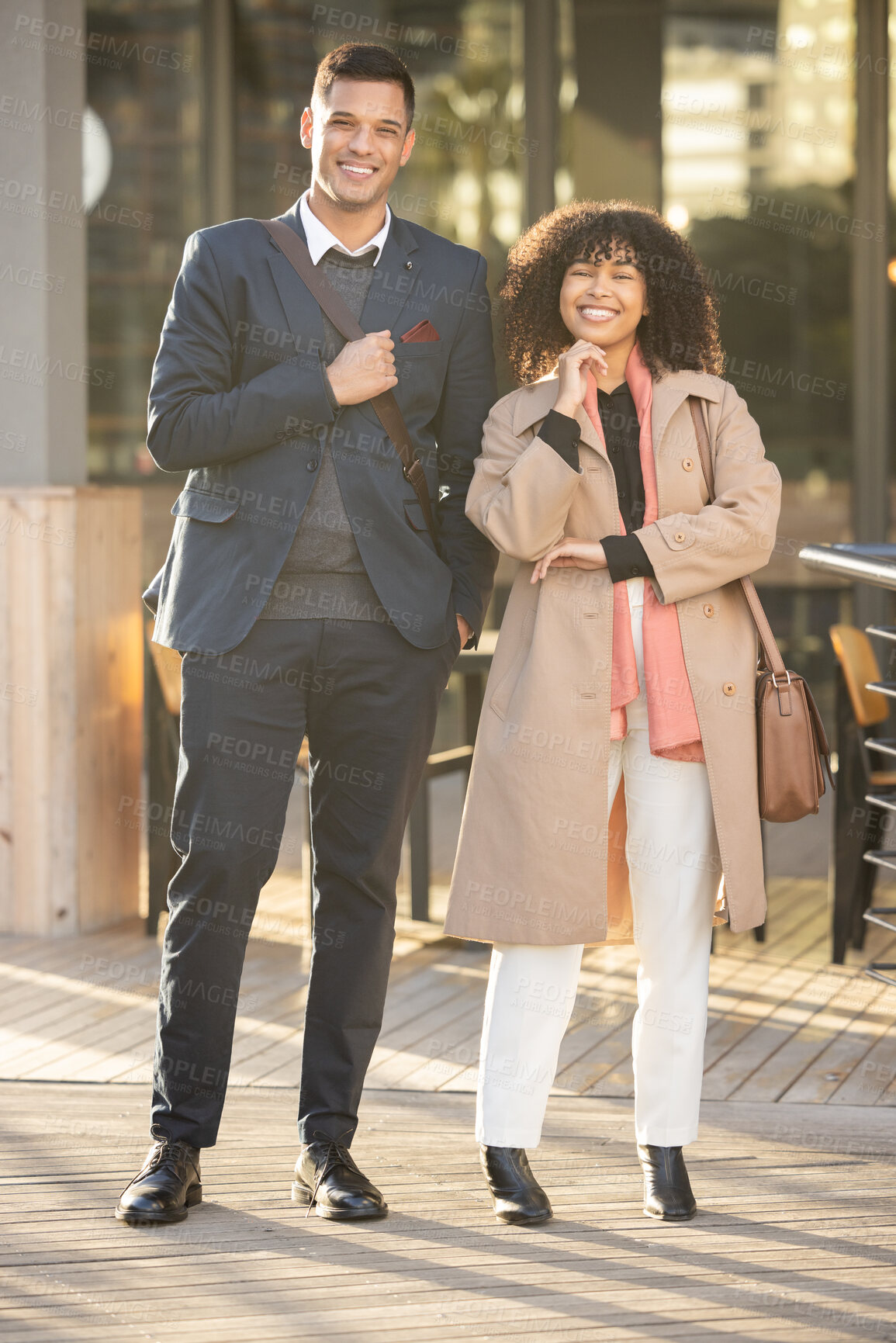 Buy stock photo City portrait, confidence or happy business people, real estate agent or property investment team with pride in job career. Corporate partnership, black woman and man standing in San Francisco street