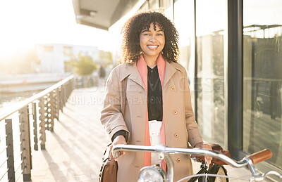 Buy stock photo Bicycle travel, portrait or black woman cycling to work, career job or relax morning journey in San Francisco city. Eco friendly transportation, street road and happy business employee with bike