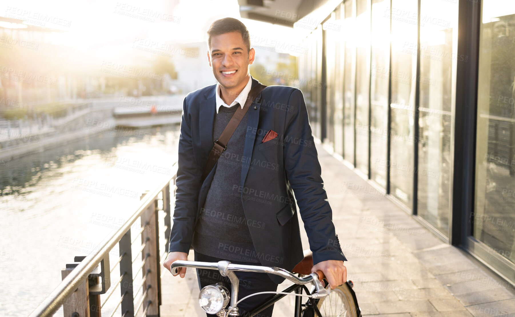 Buy stock photo Bicycle travel, portrait or businessman cycling to work, career job or relax morning journey in San Francisco city. Eco friendly transportation, street road and happy corporate employee with bike