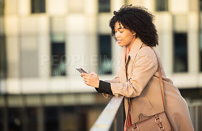 Buy stock photo Communication, search or black woman with phone in city  for internet research, thinking or networking. Tech, girl or professional on 5g smartphone for social network, blog review or email media app