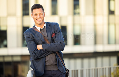 Buy stock photo Urban portrait, confidence and happy businessman, real estate agent or property developer with pride in job career. Architecture building, mockup or relax corporate worker with smile in San Francisco