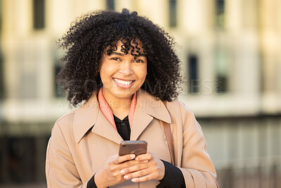 Buy stock photo Search, happy portrait or black woman with phone for internet research, communication or networking. Tech, city or girl in street on 5g smartphone for social network, blog review or media app content