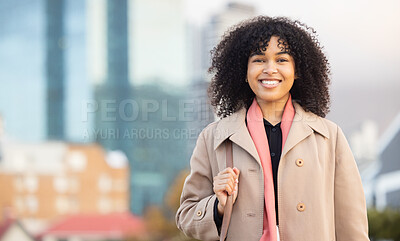 Buy stock photo Business woman, portrait and smily of a young professional happy with a smile by urban building. Worker, smiling and happiness of a female by buildings excited about work success with mock up space