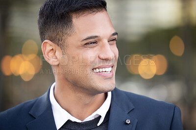 Buy stock photo Business man, smile and city bokeh lights with a young professional feeling happy about work. Outdoor, worker and happiness of a businessman ready for working with success and proud smiling outdoor