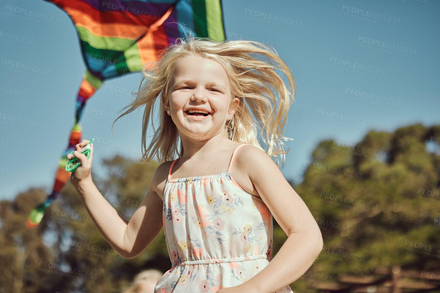 Buy stock photo Running child, portrait and kite playing in park, nature garden or house backyard on holiday vacation or summer break. Flying, air and string toy for happy, smile and girl in fun kids game or freedom