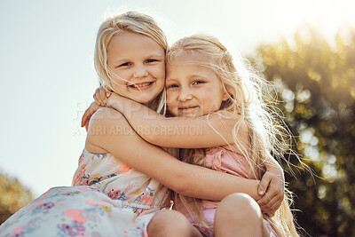 Buy stock photo Hug, nature and portrait of girl siblings bonding, hugging and playing together in a park. Happy, smile and sisters embracing with care, love and friendship in a green garden on holiday in Canada.