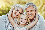 Grandparents, park and child hug portrait with a young girl and elderly people with love and smile. Care, bonding together and nature of a family feeling happy with kid and elderly grandparent