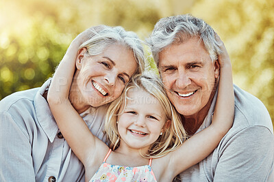 Buy stock photo Grandparents, park and child hug portrait with a young girl and elderly people with love and smile. Care, bonding together and nature of a family feeling happy with kid and elderly grandparent