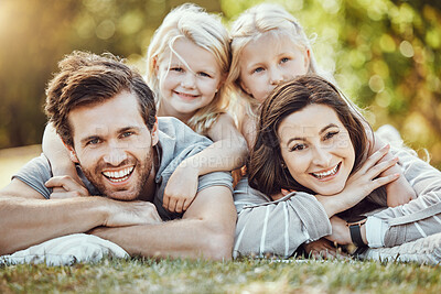 Buy stock photo Family, park and outdoor portrait of parents and girl children with love and care in nature. Mother, dad and kids with a smile in summer feeling happy on green grass bonding together on a picnic