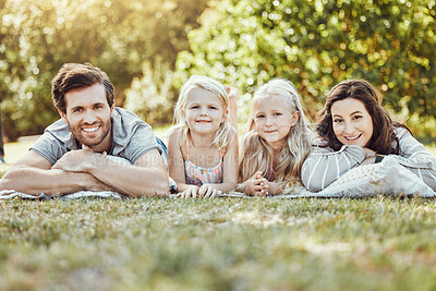 Buy stock photo Family, park and portrait of parents and children outdoor on garden grass with love and smile. Happy, nature and kids with mom and dad together on vacation with parent care and fun relax on a picnic