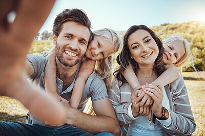 Buy stock photo Selfie, park and portrait of children with parents enjoying quality time in nature, weekend and holiday. Family, love and happy girls, mom and dad smile for photo bonding, relax and fun together