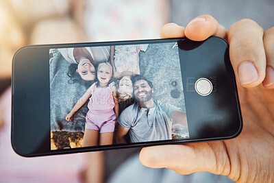 Buy stock photo Phone, selfie and family portrait of a hand with mobile zoom and smile with happiness. Children, parents and happy together with love and care using a cellphone with a mom and kids on holiday 