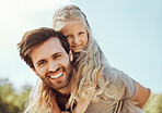 Portrait, father carry girl and outdoor for bonding, happiness and quality time together, smile and weekend break. Love, dad and daughter on back, nature and loving on break, happy or playful for fun