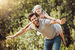 Happy family, portrait or piggy back in airplane game, nature park or home garden and house backyard, trust or support. Smile, bonding or father carrying child in flying fun, energy or summer freedom