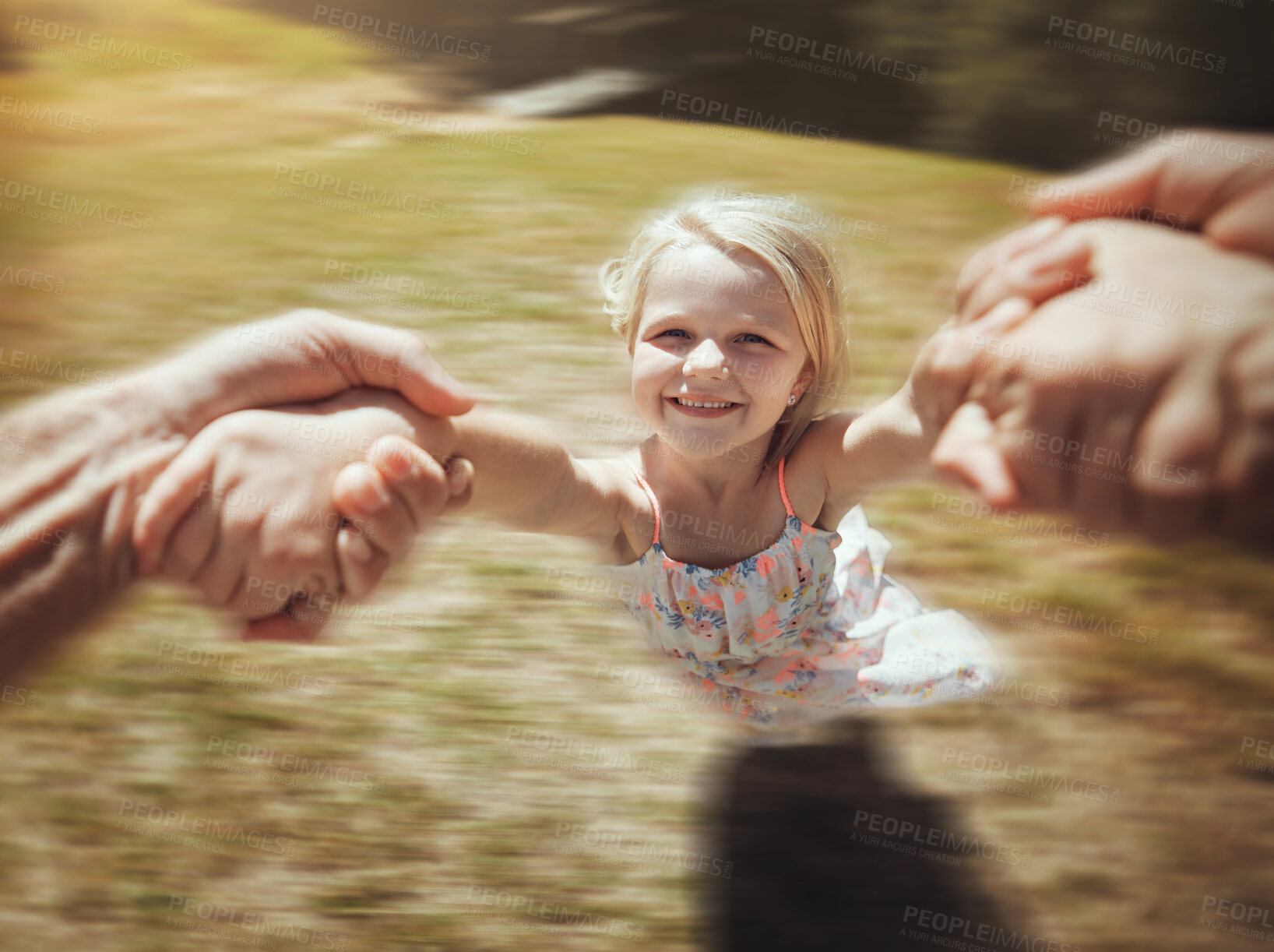Buy stock photo Child portrait, hands or spinning fun game in nature park, home garden or house backyard in trust, support or energy. Smile, bonding or father swinging kid in flying activity, motion blur or freedom