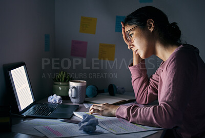 Buy stock photo Laptop, night and tired with a student woman learning or studying in her home for a university exam. Computer, exhausted and late with a female pupil in a house to study for her college scholarship