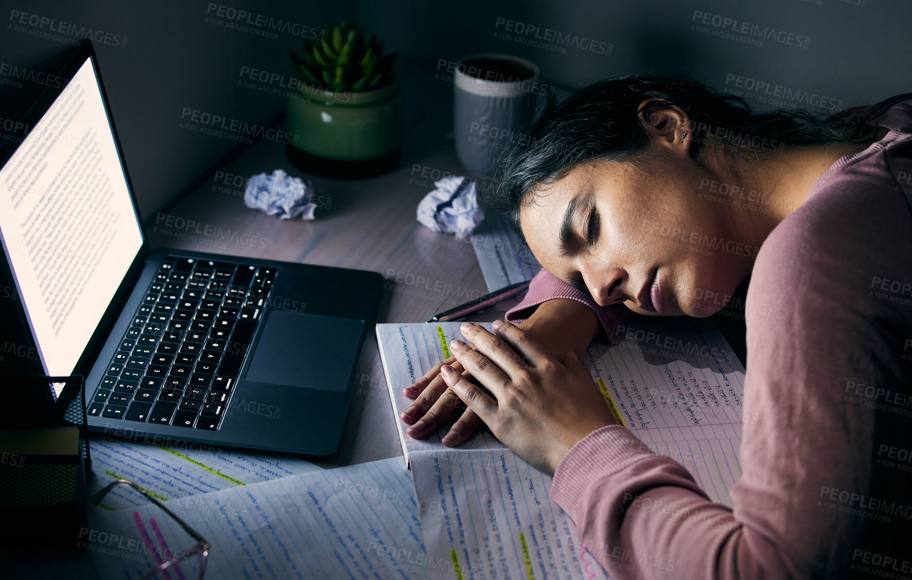 Buy stock photo Woman, laptop and student sleeping, night and burnout for studying, mental health and overworked. Female, girl or academic tired for test, report or lady with computer, late evening or notes for exam