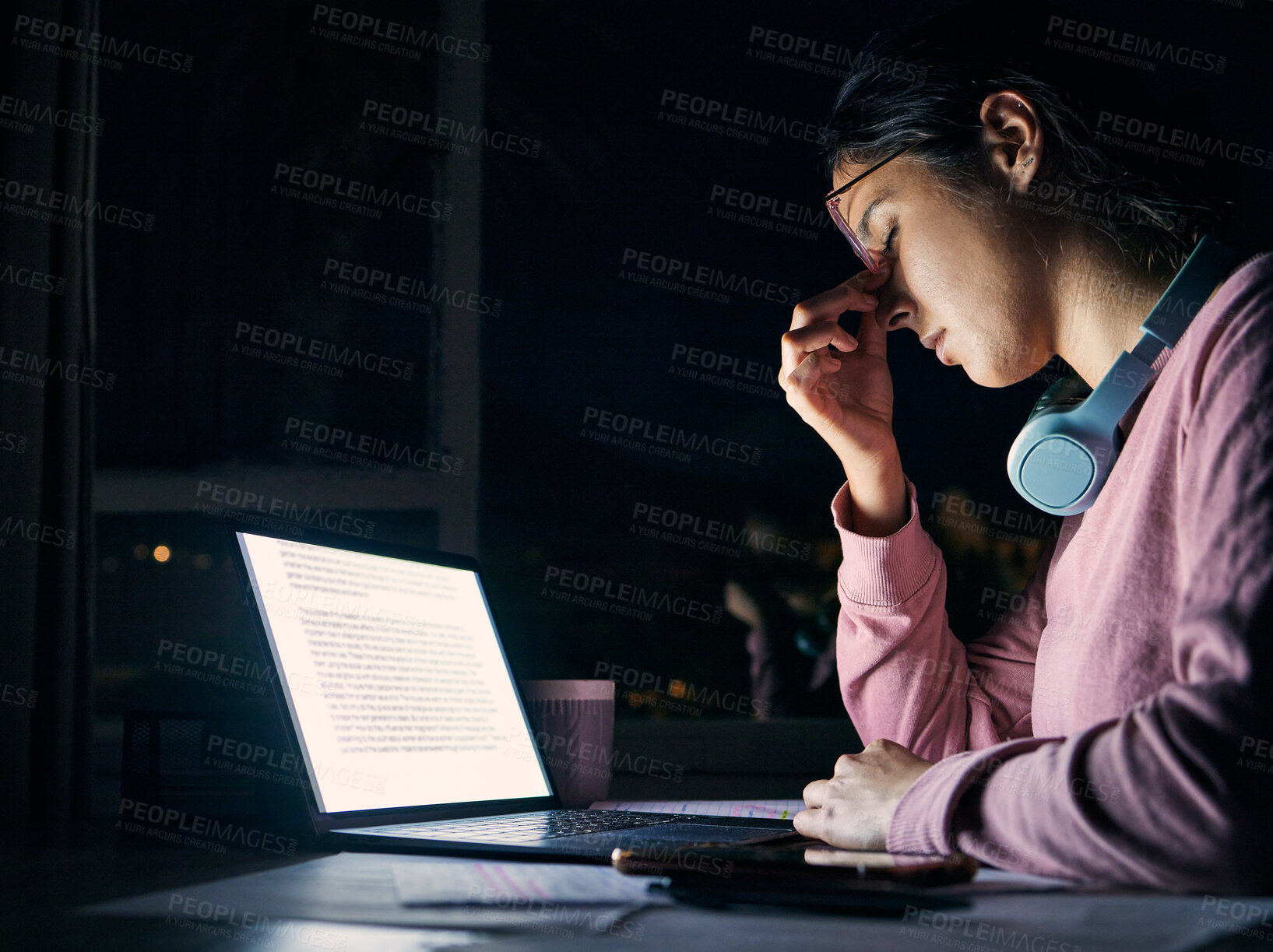 Buy stock photo Headache, stress and sad student at night on laptop screen study, learning and university depression, anxiety or burnout. Depressed, tired and mental health of college woman planning in a dark room