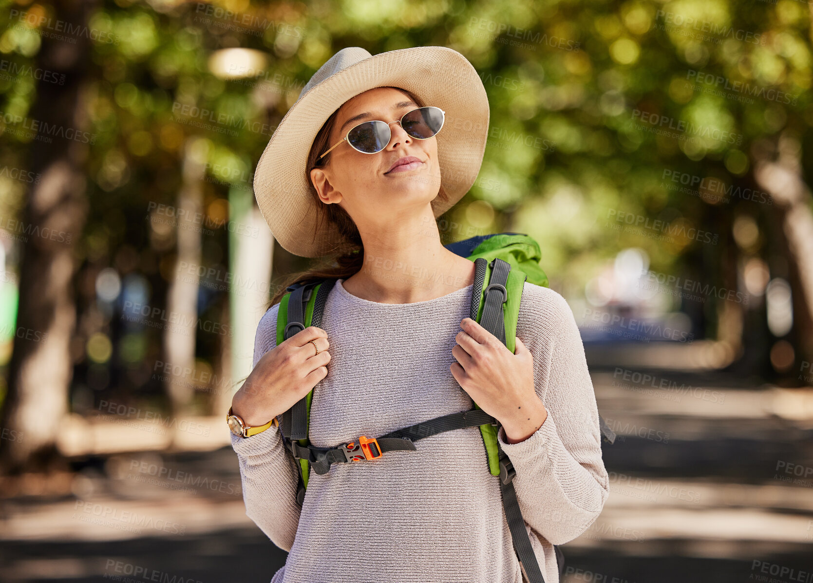 Buy stock photo Sunglasses, woman and travel in nature, adventure and tourist with smile, thinking and enjoy adventure. Female, tourism and lady with eyewear, road trip and walking for health, summer and happiness