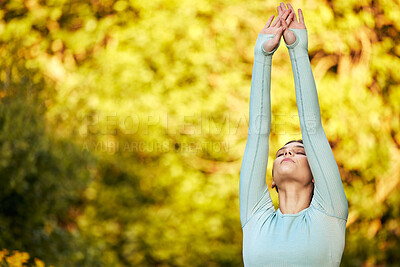 Buy stock photo Yoga meditation, zen and nature woman meditate for spiritual mental health, chakra energy balance or soul aura healing. Park mockup, freedom or stretching girl relax for mindfulness, mindset or peace