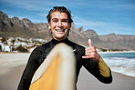 Shaka hand sign, beach and surfer with surfboard for fitness, fun and adventure on vacation. Sports, travel and portrait of man with chill gesture for surfing by the ocean on holiday in South Africa.