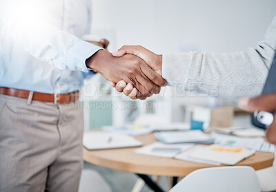 Buy stock photo Office partnership, business people and hand shake for investment deal, collaboration agreement or negotiation success. Thank you handshake, welcome and team shaking hands for b2b corporate contract