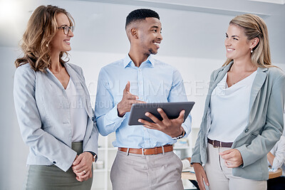 Buy stock photo Tablet, collaboration and planning with a business team talking in the office for growth or development. Research, diversity or teamwork with a man and woman employee group using the internet at work