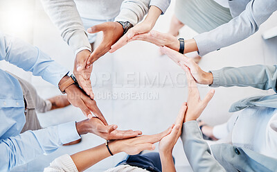 Buy stock photo Support, team building and hands of business people in a circle for collaboration, trust and community. Partnership, mission and employees huddling as a group for a target, vision and solidarity